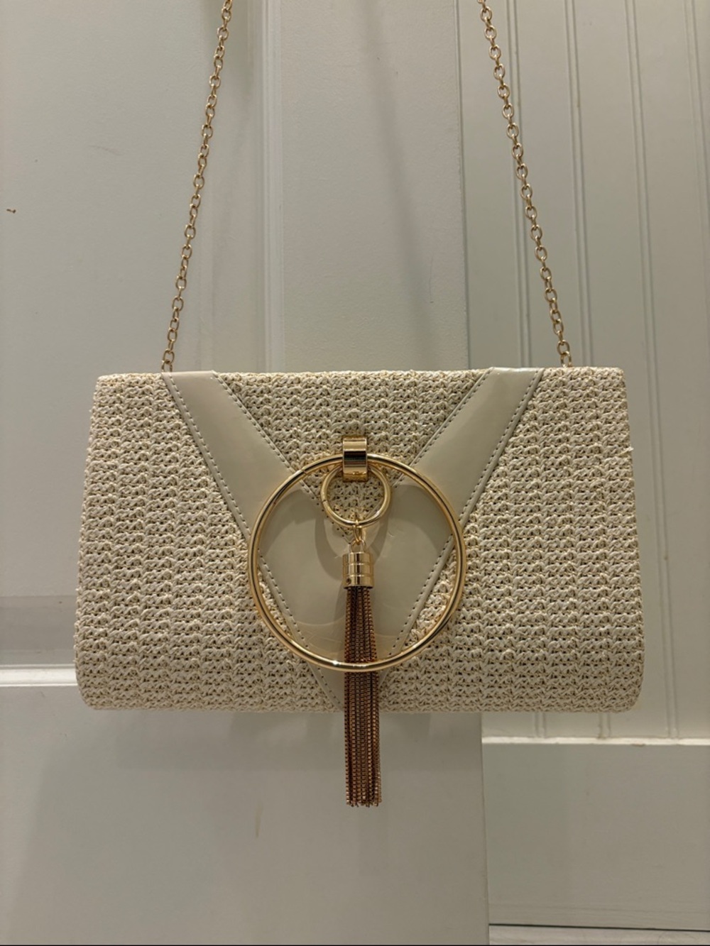 Cream Woven Crossbody Bag with Gold Ring Tassel